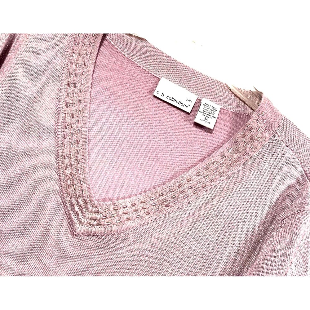Vtg C.B. Collections Plus Size Sweater 3X Purple Metallic Bead Neckline 3/4 Slv